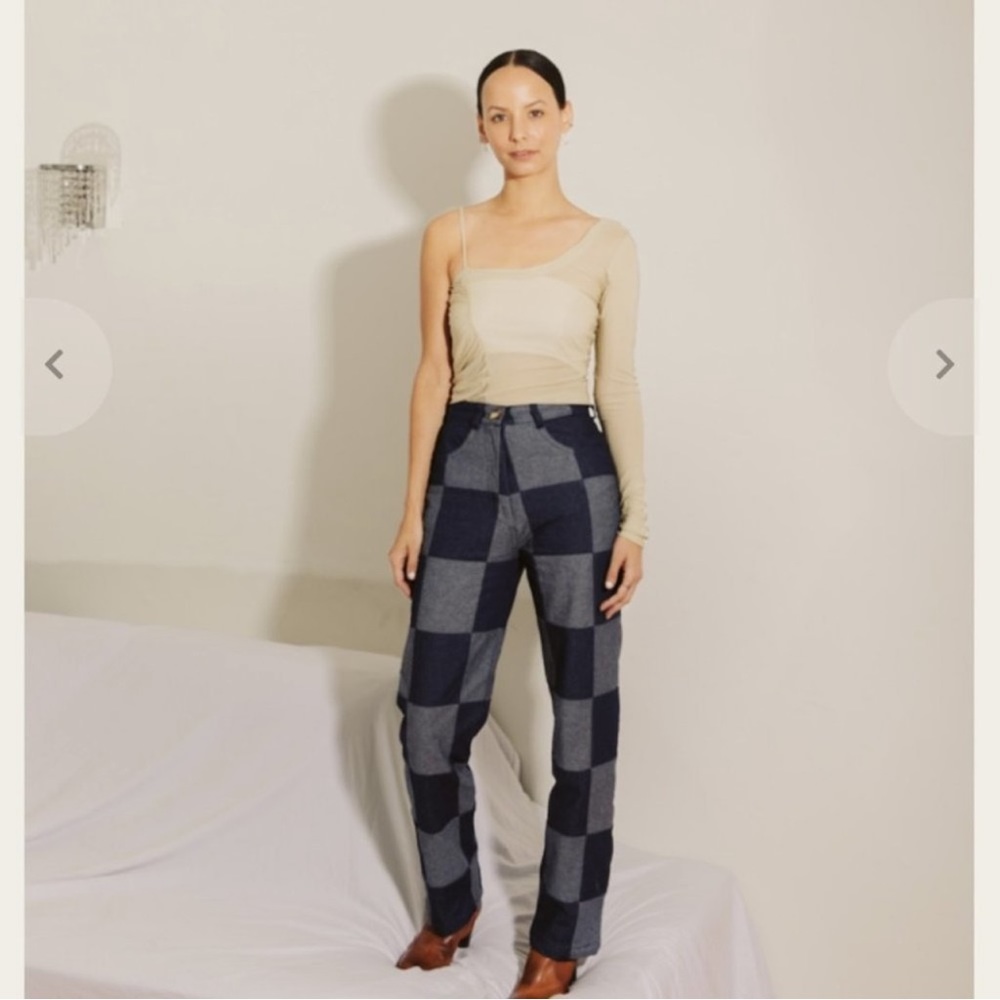 Checkered Jeans  High Rise Straight Denim